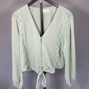 Wayf Pale Sage Green Lace-Trim Tie-Front Blouse